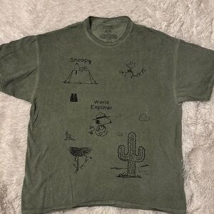 Peanuts Olive/Army Green Snoopy   & Woodstock ‘World Explorer' Camp Graphic Tee